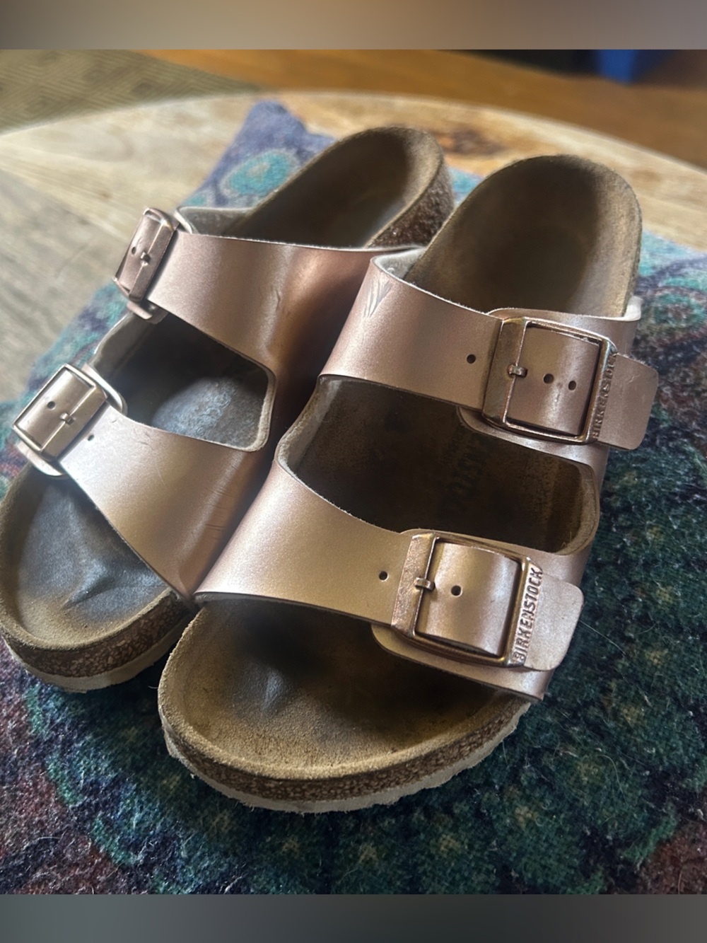 Birkenstock Arizona Metallic Rose Gold Double-Buckle Sandals